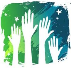 white silhouettes of raised hands in front of a green and blue background